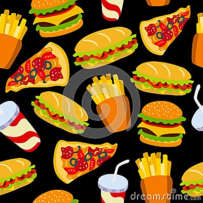 Fast food pattern on a black background. Vector Illustration