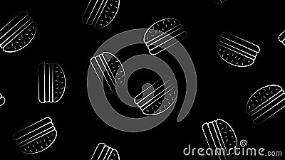 Fast food pattern with white burgers on black background. Cute cartoon hamburgers texture for fastfood banner, textile, wrapping Stock Photo