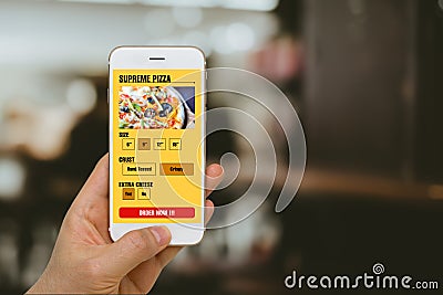 Fast Food, Pizza, Ordering Concept Illustrated by Smartphone App in Online Mobility Era Stock Photo