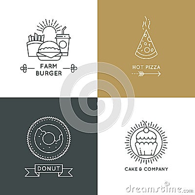 Fast food restaurant and cafe vector logo set in linear style Vector Illustration