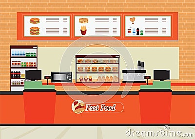 Fast food restaurant interior with hamburger and beverage. Vector Illustration