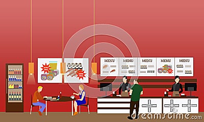 Fast food restaurant interior vector illustration. Horizontal banner in flat style design. Eatery menu Vector Illustration