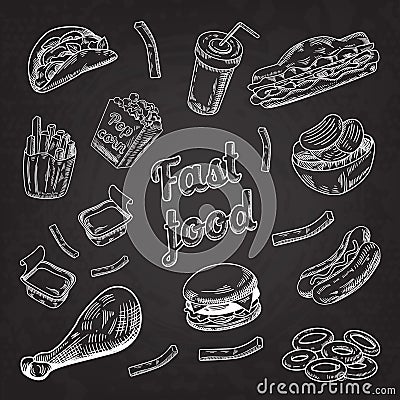 Fast Food Restaurant Menu Blackboard. Hand Drawn Sketch Burger French Fries Hot Dog Vector Illustration