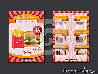 Fast food restaurant menu template. Lunch dishes and drinks list with prices and burger, pizza, hot dog, soda, fries, coffee, Cartoon Illustration