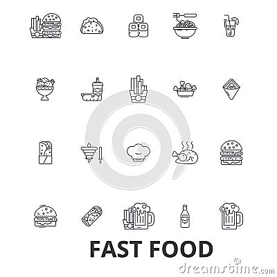 Fast food, restaurant, pizza, hamburger, burger, junk, hot dog, french fries line icons. Editable strokes. Flat design Vector Illustration