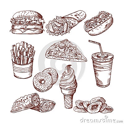 Fast food restaurant. Vector hand drawn pictures of burger french fries cola and pizza Vector Illustration