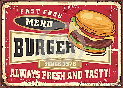 Fast food retro advertisements signs design with tasty burger graphic Vector Illustration