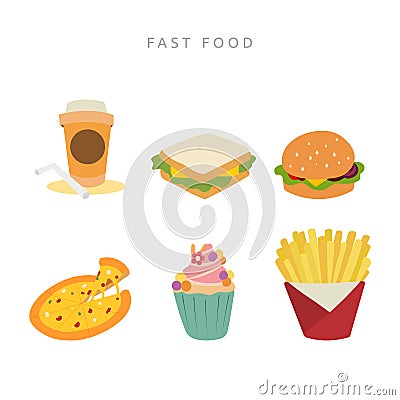 Fast Food Sandwich Burger Pizza Drink Cake Set Vector Illustration