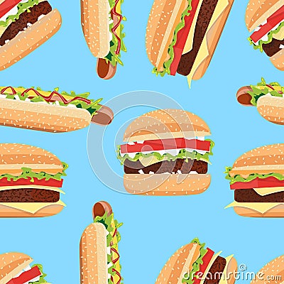 Fast Food seamless pattern hamburger and Hot Dog Cartoon Illustration