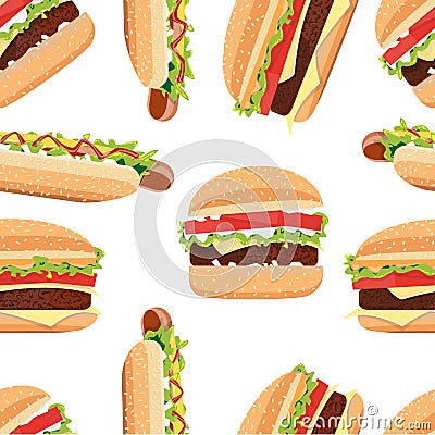 Fast Food seamless pattern hamburger and Hot Dog Cartoon Illustration