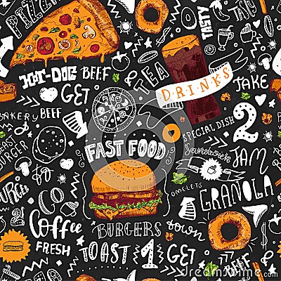 Fast Food seamless pattern in Hand Drawn Doodle Style with sketh Objects on Junk kitchen Theme with lettering Vector Illustration