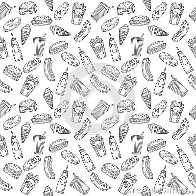 Fast food seamless pattern. Hand drawn food background. Background template for your design Vector Illustration