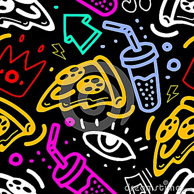 Fast food seamless pattern with hand drawn pizza, drink, crown, eye, lightning. Cute vector black background. Stylish Vector Illustration