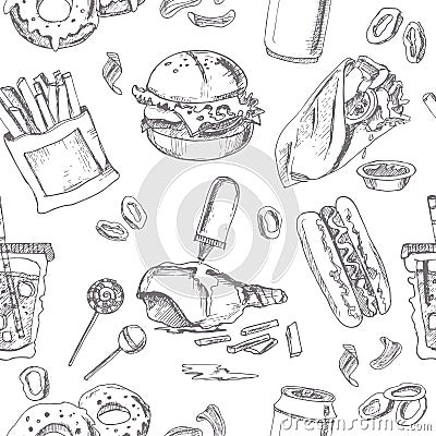 Fast Food Seamless pattern. Sketches. Vintage illustration for identity, design Vector Illustration