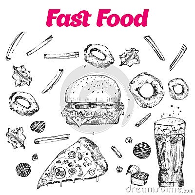 Fast food set with doodle Linear graphic. Snack collection for cafe menu, banners. Junk food Vector illustration Vector Illustration