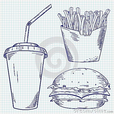 Fast food set. French fries, burger and paper cup drink. Blue outline hand drawn sketch Vector Illustration