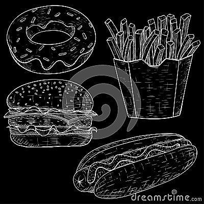 Fast food set. Hand drawn sketch on blackboard background Vector Illustration