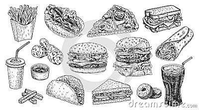 Fast food set hand drawn vector illustration. Hamburger, cheeseburger, sandwich, pizza, chicken, cola, hot dog. Vector Illustration