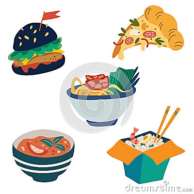 Fast food set. Slice of pizza, burgers, noodles, rice and soup. Junk food. Perfect for printing, menu and restaurant, posters. Vector Illustration