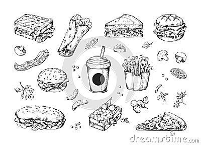 Fast food sketch. Chicken and sandwich drawing. Vintage cheese burger. Pita with vegetables. Hot pizza. Hamburger and Vector Illustration