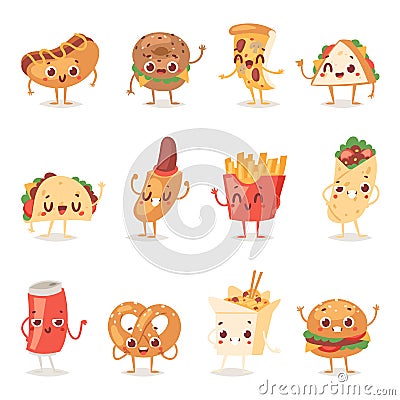 Fast food smile vector cartoon expression characters of hamburger or cheeseburger with fast-food emotion of burger or Vector Illustration