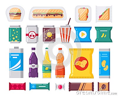 Fast food snack and drink pack, vector icons set in flat style. Vending products collection. Snacks, drinks, chips Vector Illustration