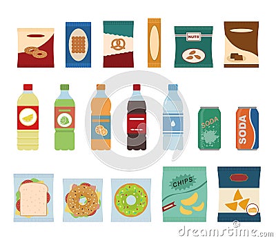 Fast food snacks and drinks flat icons. Vector Illustration