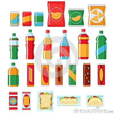 Fast food snacks and drinks flat vector icons. Vending machine products Vector Illustration