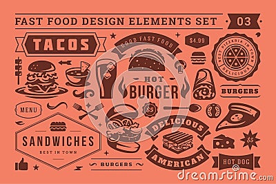 Fast food and street signs and symbols with retro typographic design elements vector set for restaurant menu decoration Vector Illustration