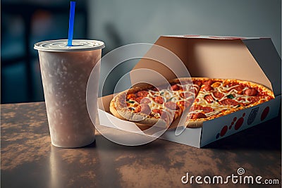 Fast food. Takeaway pizza in a cardboard box and a cup of coffee. Stock Photo