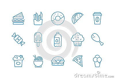 Fast food thin line icons set. Outline symbol collection of junk food and take away in blue color. Editable vector stroke Vector Illustration