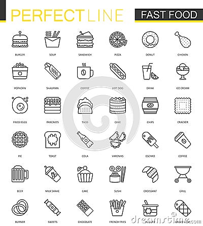 Fast food thin line web icons set. Outline stroke icons design. Vector Illustration