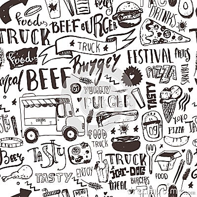 Fast food truck Seamless pattern with lettering and doodle items. Vector festival background for menu, wrapping. Vector Illustration