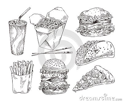 Fast Food Types Monochrome Icon Promo Set Vector Vector Illustration