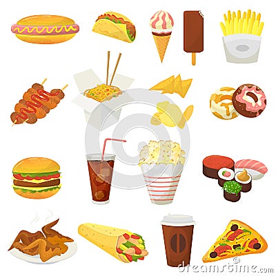 Fast food vector hamburger or cheeseburger with chicken wings and eating junk fastfood snacks burger or sandwich with Vector Illustration