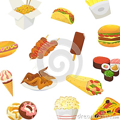 Fast food vector pattern. Hamburger, pitzza, roasted chicken and pop corn with sushi and icre cream isolated on white Vector Illustration