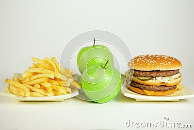 Fast food or vitamins, unhealthy or healthy food Stock Photo