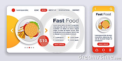 Fast food web banner and mobile app kit. Flat vector illustration isolated flat icon, hamburger with fries on a plate. UI UX Vector Illustration