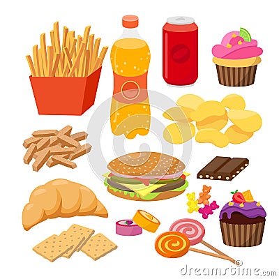 Fast foods vector flat illustration. Group of snacks, hamburger, french fries, soft drinks, croissant, crackers, sweets Vector Illustration