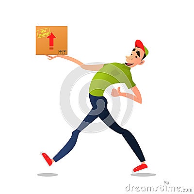 Fast free delivery. Courier runs with box on the order. Colorful characters in a flat style Vector Illustration