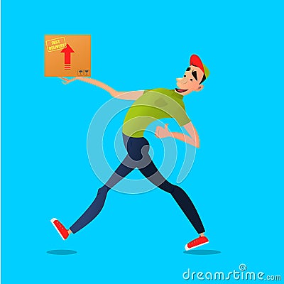 Fast free delivery. Courier runs with box on the order. Colorful characters in a flat style Vector Illustration