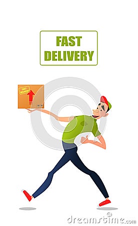 Fast free delivery. Courier runs with box on the order. Colorful characters in a flat style Vector Illustration