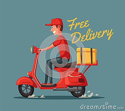 Fast and free delivery. Vector cartoon illustration. Food service. Retro scooter. Vector Illustration