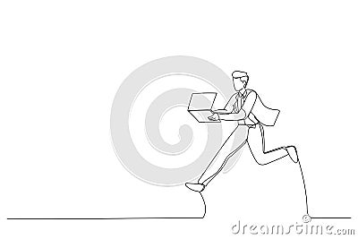 Man run with modern laptop captured in motion. Never stop. Hipster Vector Illustration