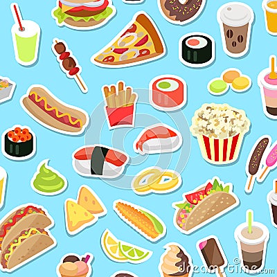 Fast and Junk kinds of Food Scattered on Blue Vector Illustration