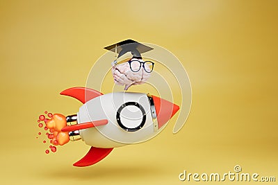 fast learning concept. a brain in glasses and a master's cap flying on a rocket. 3d render Stock Photo