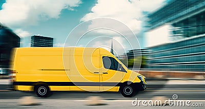 Fast mail and parcel delivery, yellow mail car in a modern city. With motion blur, delivery truck in side view Stock Photo