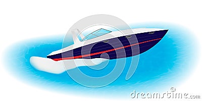 Fast motorboat sails on speed through sea. Luxury boat for active rest. Isolated on a white background. Vector Illustration