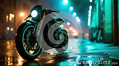 Fast Motorcycle Wheel with Green Neon Light - AI Generated Stock Photo