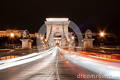 Fast moving traffic on the Lanchid Bridge in Budapest, Hungary Stock Photo
